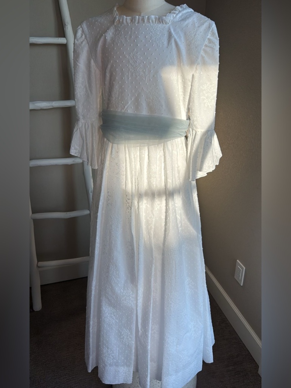 Girls White Formal Dress with Light Blue Sash